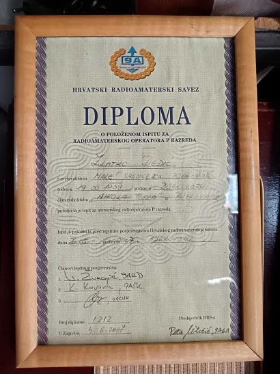 Diploma bjelovarskog radio amatera/Foto: Slavica Trgovac Martan