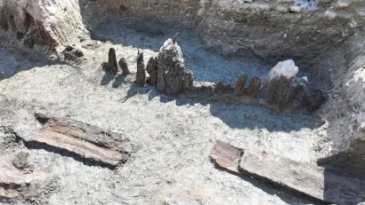 Segment očuvane drvene ograde iz 13. stoljeća koja se nalazi na 5 metara dubine i vidljivi lijesovi iz istog razdoblja očuvani u močvarnom mulju/Foto: Krešimir Vacek