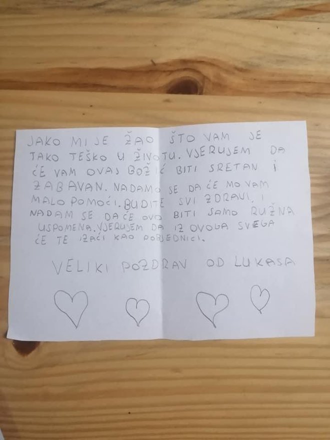 Među čestitkama koje je mlada majka dobila za Božić našlo se i pismo jednog dječaka koje ju je doslovno rasplakalo/Foto:Jedni za druge Općina Sirač
