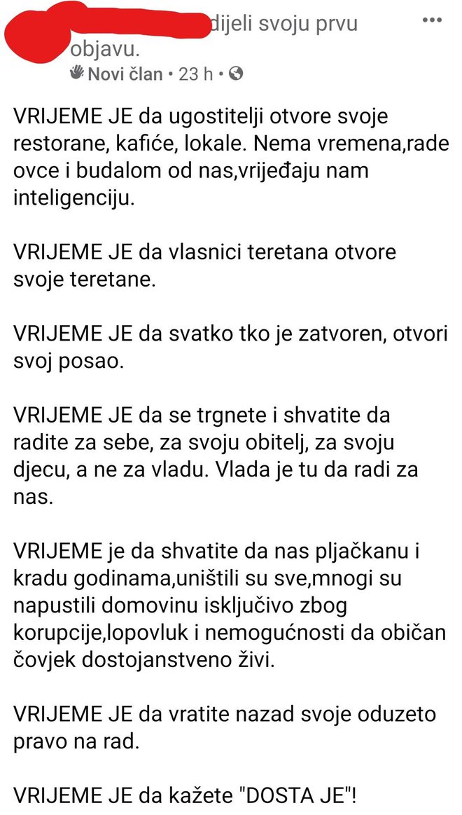 Preslika pobunjeničkih poruka objavljeni na Facebook grupi koja okuplja hrvatske ugostitelje/Foto: Screenshot