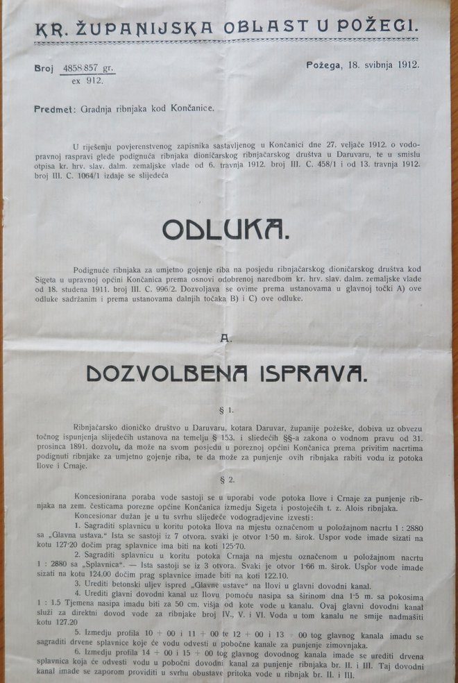 Od 1912. godine u Končanici je omogućen umjetni uzgoj. O tome svjedoči dozvolbena isprava koju je izdala Kr. županijska oblast u Požegi / Foto: Mato Pejić
