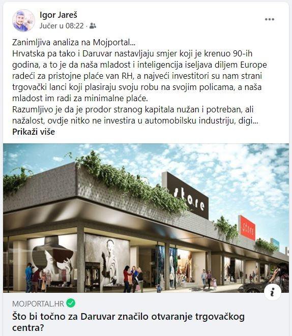 Preslika statusa Facebook statusa čelnika daruvarskog SDP-a Igora Jareša/Foto: Screenshot