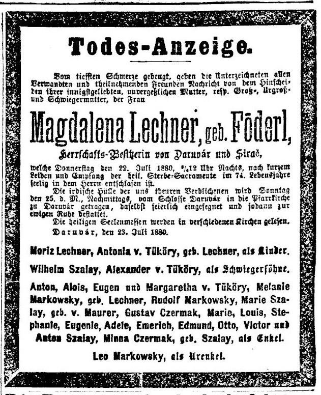 Onodobni <em>partecetl</em>, pedantno bilježi da je Magdalena, gospođa Daruvara i Sirača, umrla 22. lipnja 1880. godine u tri četvrt dvanaest u 74. godini života (arhiv V. Daněk)