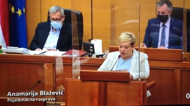 Gradonačelnica Pakraca Anamarija Blažević u Saboru drži govor u kojem apelira na promjenu apsurdnog zakona/Foto: Screenshot