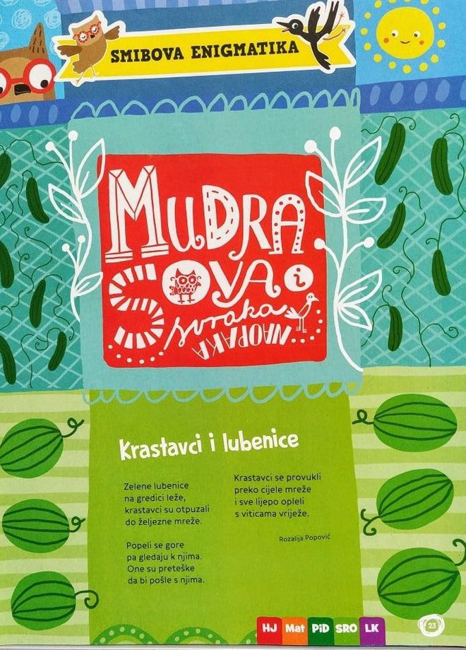 Krastavci i lubenice, pjesma objavljena u Smibu, Školska knjiga, broj 10, lipanj 2018./Foto Janja Čaisa