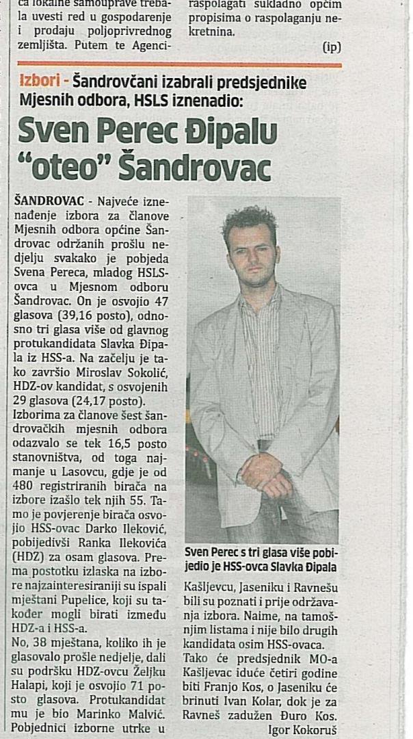 <p>Screeshoot objavljenog članka u Bjelovarskom listu u kolovozu 2010. godine u kojem je naznačeno kako je Sven Perec predsjednik MO Šandrovac/Foto: Ustupio Sven Perec</p>
