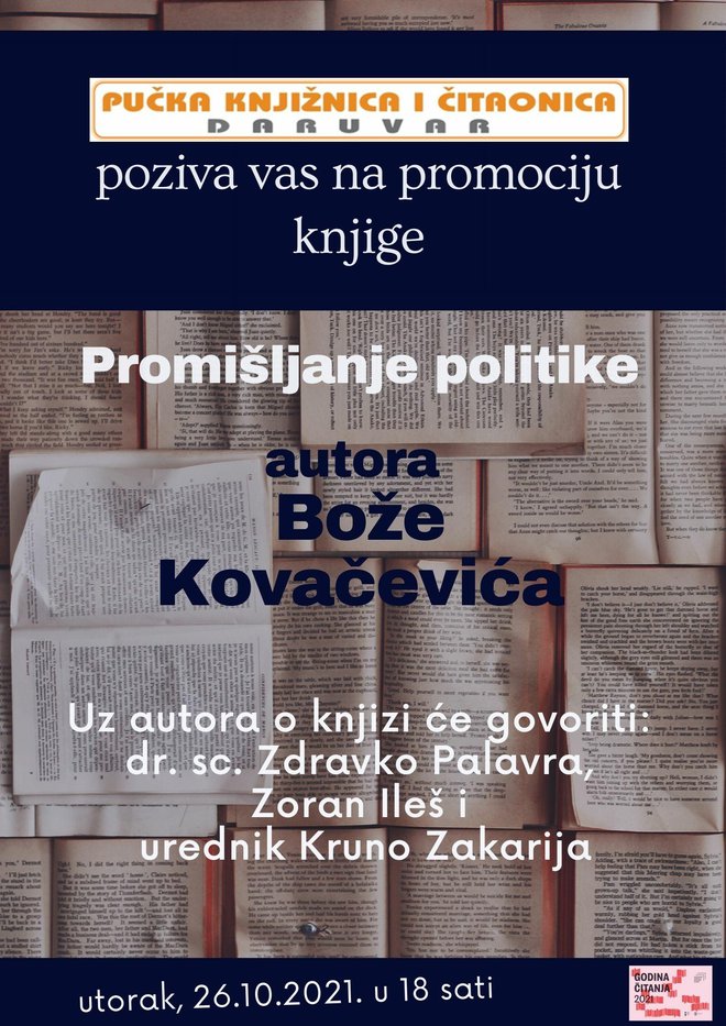 Plakat za promociju knjige u daruvarskoj knjižnici Promišljanje politike/Knjižnica
