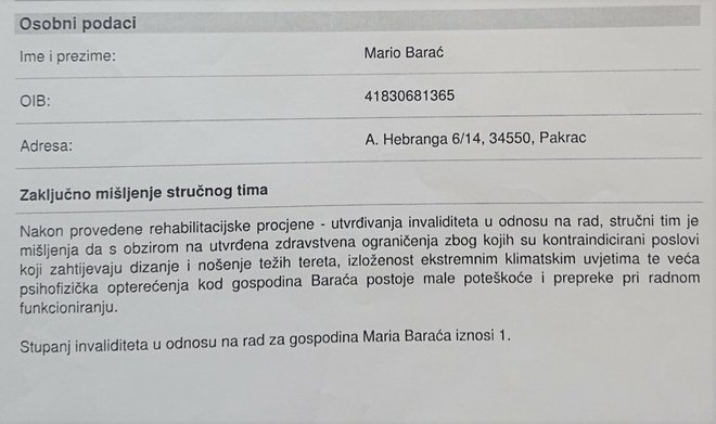 Dio iz izvještaj u kojem se navodi da Mariju Baraću "stupanj invaliditeta u odnosu na rad iznosi 1"/Foto: Privatna arhiva
