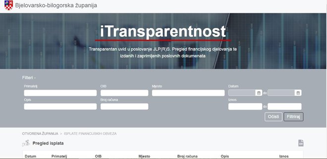 Web stranica za pregled isplata iz proračuna BBŽ-a/ Foto: Screenshot
