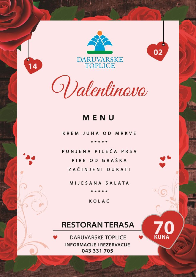 Jelovnik za Dan zaljubljenih u restoranu Terasa
