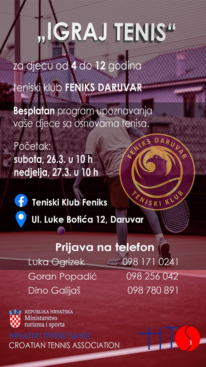 Prijavite svoju djecu ovog vikenda na besplatnu školu tenisa s licenciranim trenerima/Foto: TK Feniks
