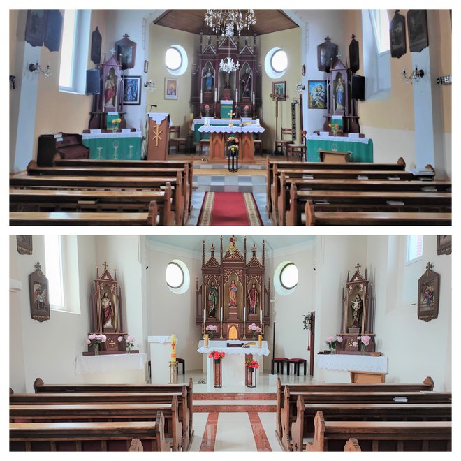 Pogled prema svetištu crkve prije i poslije obnove/Foto: Župa Donja Obrijež
