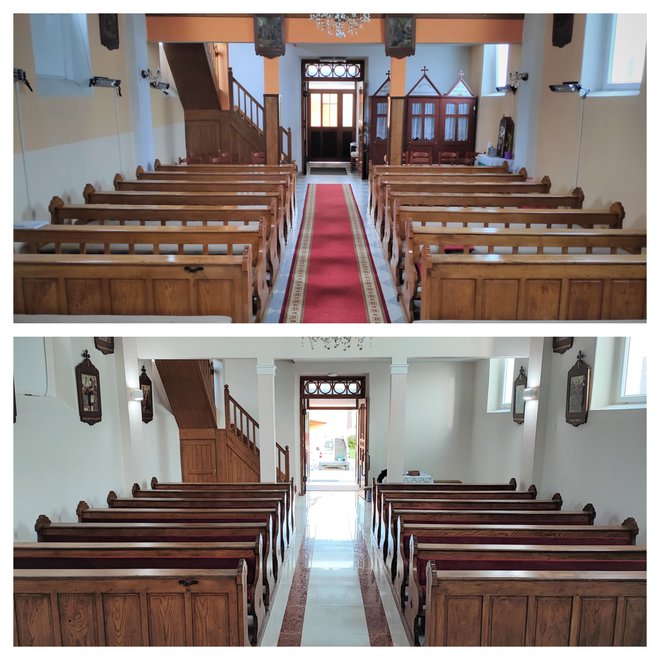 Pogled prema lađi crkve prije i poslije obnove/Foto: Župa Donja Obrijež
