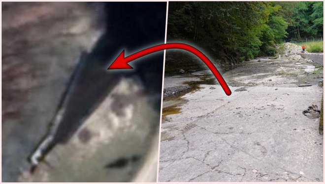 Na satelitskoj snimci lijevo se vidi kako inače izgleda glavni vodozahvat Pakra-Sloboština, odnosno trokutasti dio ispunjen je vodom. Na desnoj fotografiji se vidi kako izgleda ove nedjelje - bez vode/Foto: Nikica Puhalo/MojPortal.hr, Google Maps
