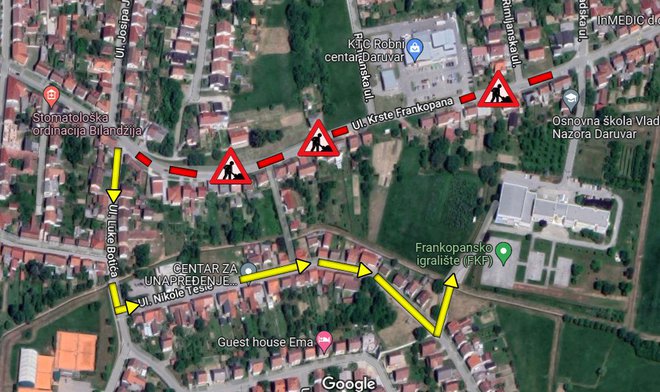 Crvenom bojom označeno je područje radova, a žutom alternativni, sigurniji pravac do škole/Foto: MojPortal.hr

