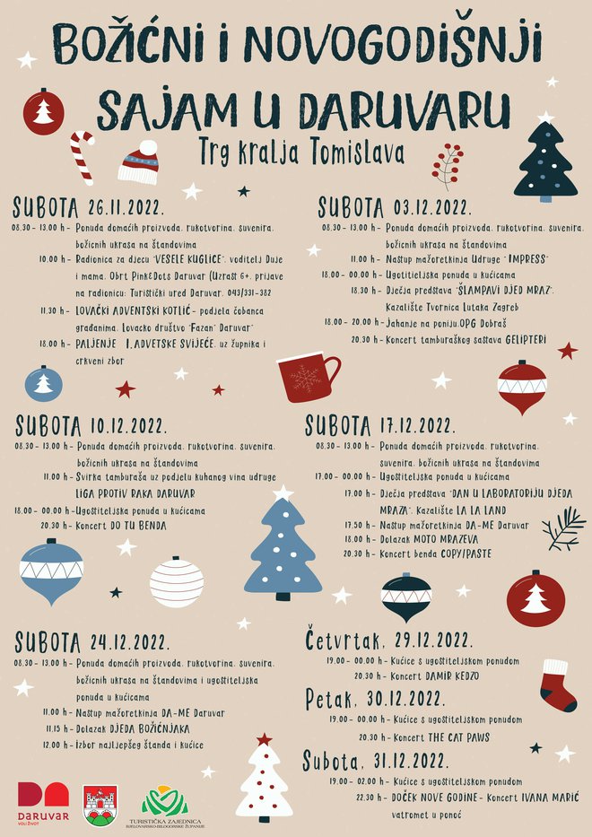 Raspored događanja tijekom Božićnog i Novogodišnjeg sajma/Foto: TZ Daruvar-Papuk
