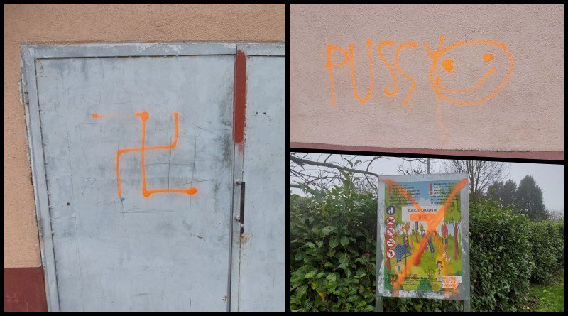 Fotografija: Crtanjem smajlića s uvredljivim natpisom i iscrtavanjem fašističkih simbola vandali u Grubišnom Polju oštetili javnu imovinu/Foto: CIK Grubišno Polje
