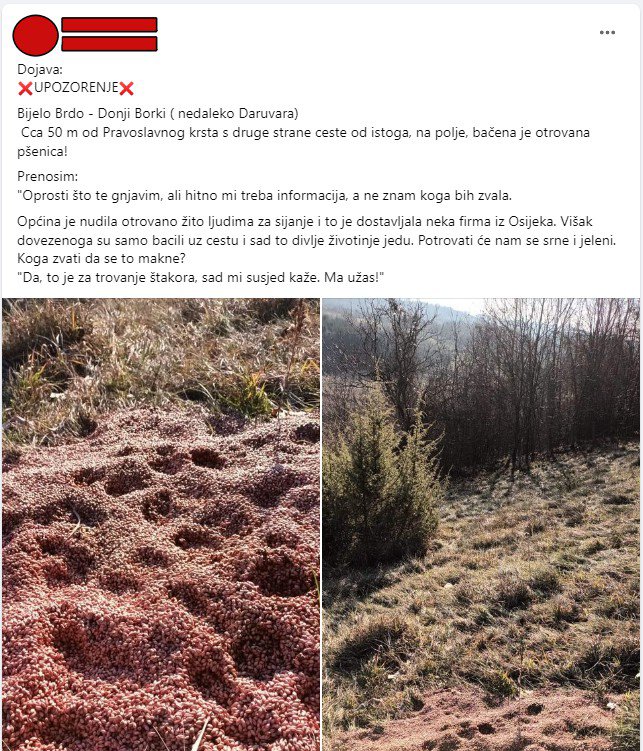 Sporna objava u kojoj se tvrdi da je Općina Sirač dijelila mještanima otrovano žito, a ostatak bačen u prirodu Foto: Facebook
