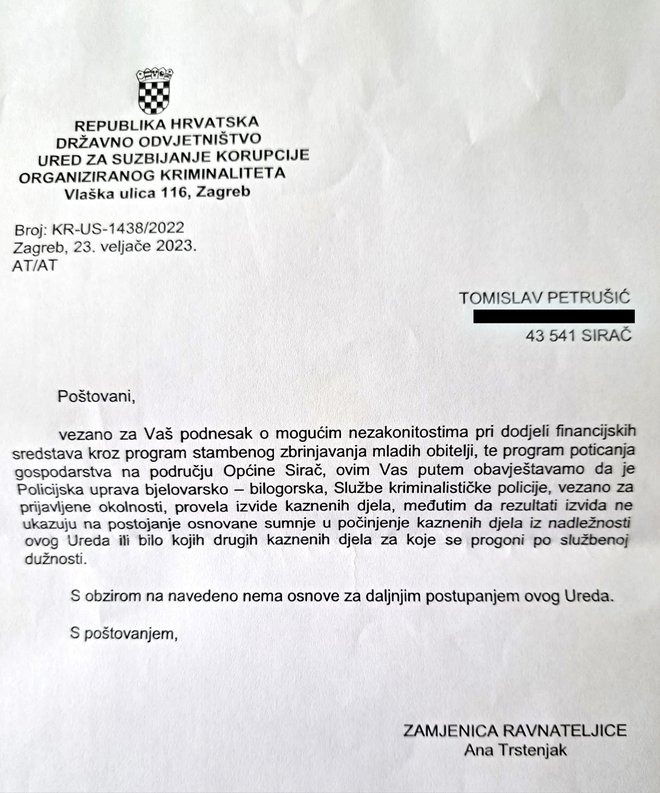 Dopis DORH-a kojeg je Tomislav Petrušić objavio na svom Facebook profilu u kojem stoji kako nije utvrđeno postojanje nezakonitih radnji (klikni za povećanje)