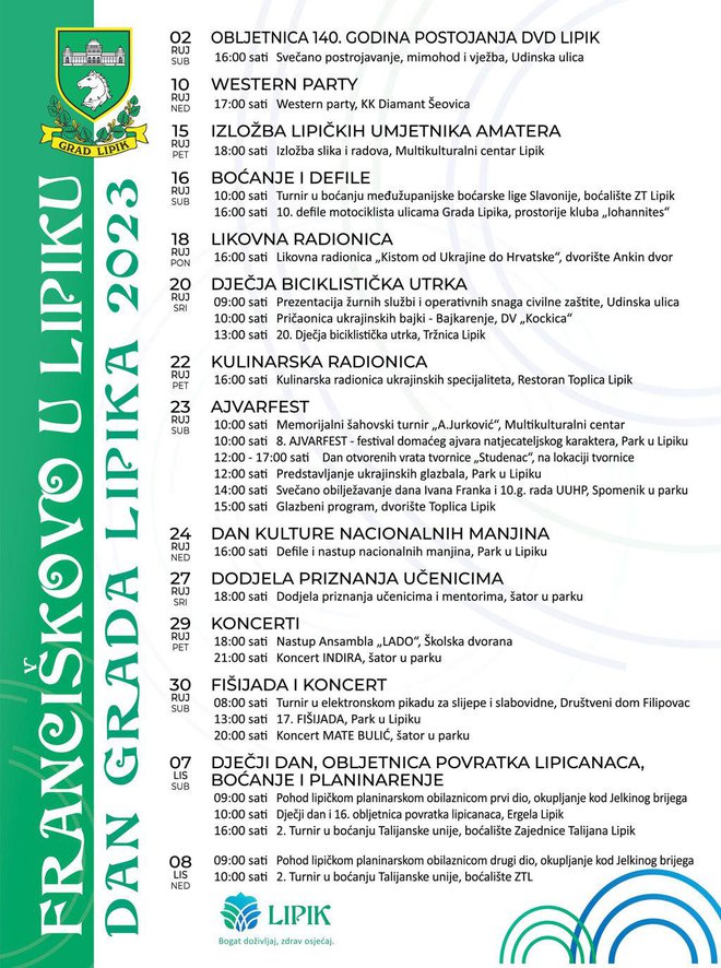 Program svih događanja tijekom Franiškova u Lipiku