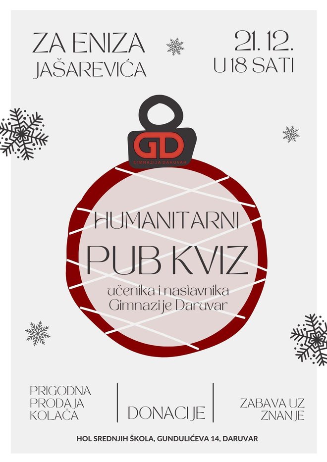 Daruvarski gimnazijalci i njihovi profesori organiziraju humanitarni pub kviz za Eniza Jašarevića/Foto: Romana Bakarić