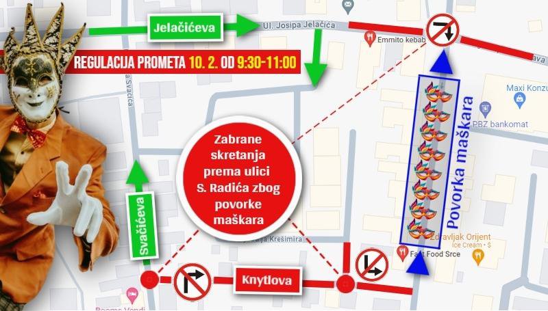 Fotografija: Plan pivremene regulacije prometa zbog prolaska karnevalske povorke/Ilustracija: MojPortal.hr