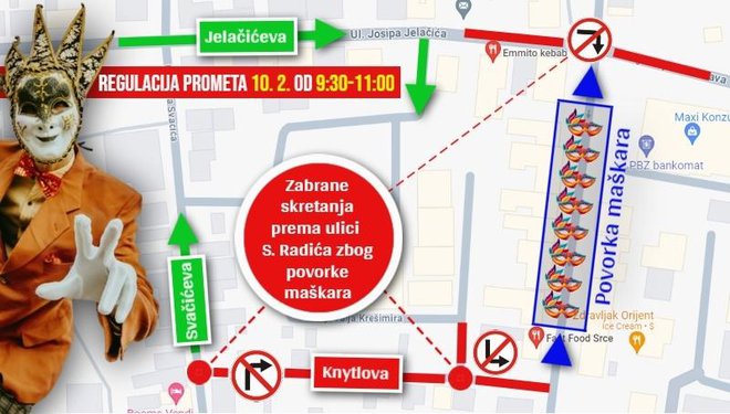 Plan pivremene regulacije prometa zbog prolaska karnevalske povorke/Ilustracija: MojPortal.hr